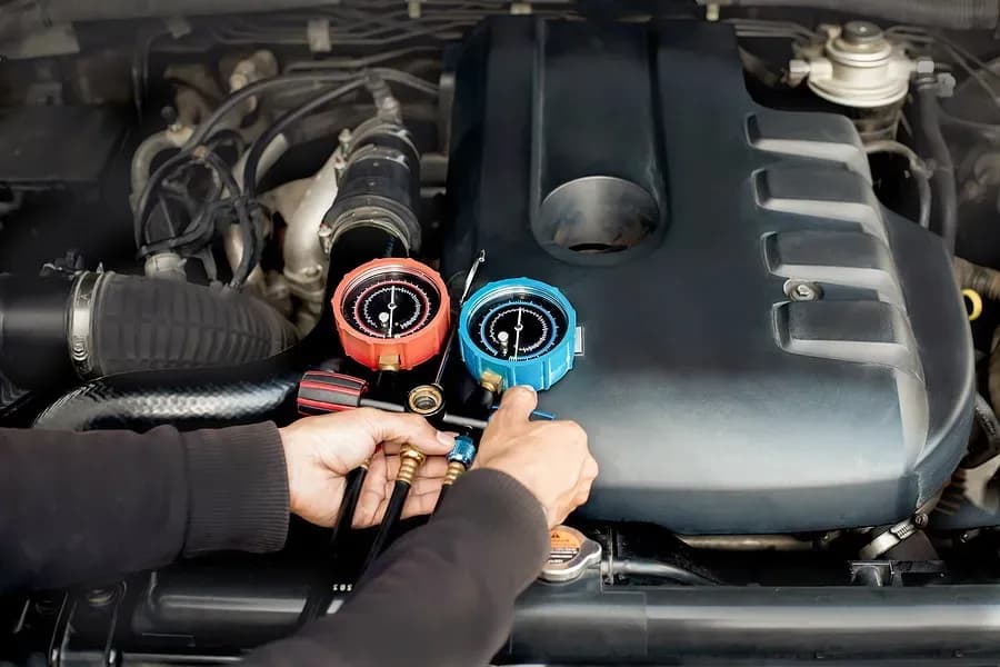 Car AC repair gauges connected to a vehicle