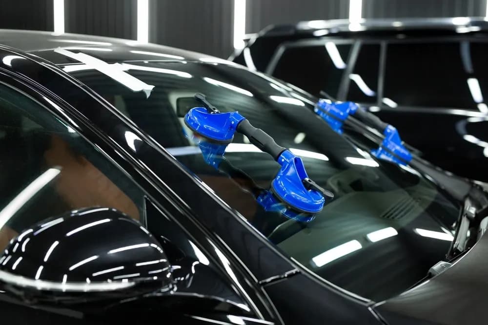 Car windscreen replacement tools on glass